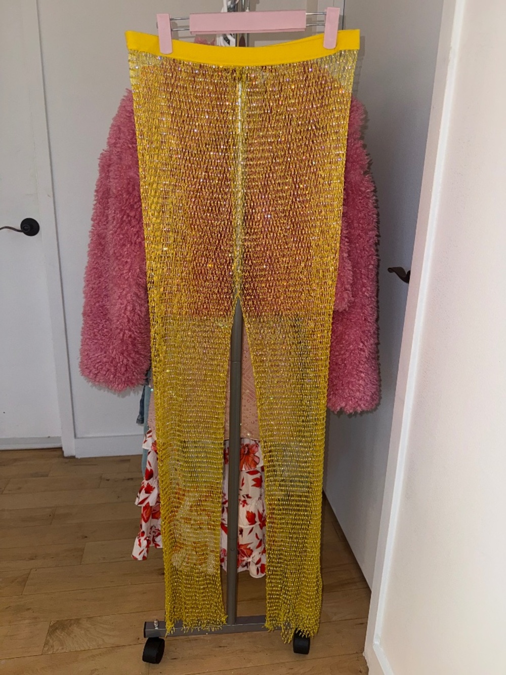 Yellow Rhinestone Crystal Mesh Sheer Pants